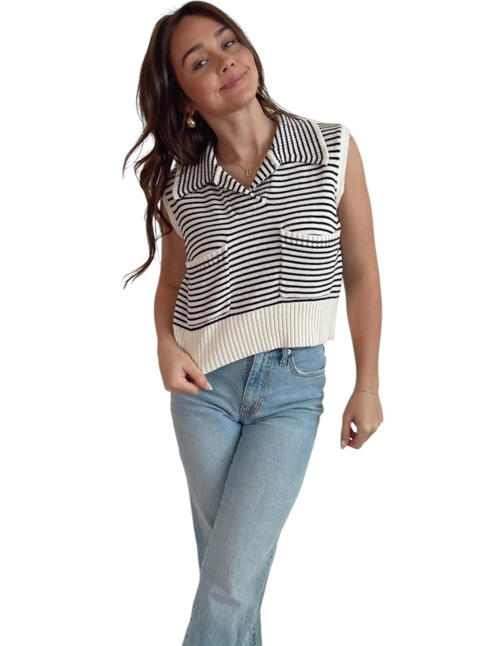 Miou Muse Collared Knit Vest Top Striped Relaxed Quiet Luxury Preppy